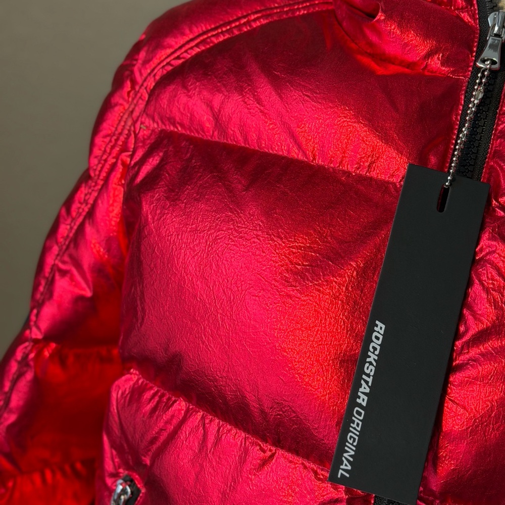 Metallic Red Women's Puffer Jacket - Picture 4 of 12